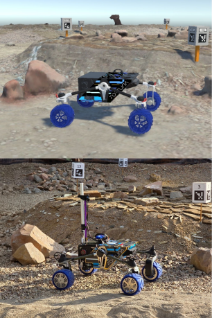 Digital twin rover view in a simulated terrain